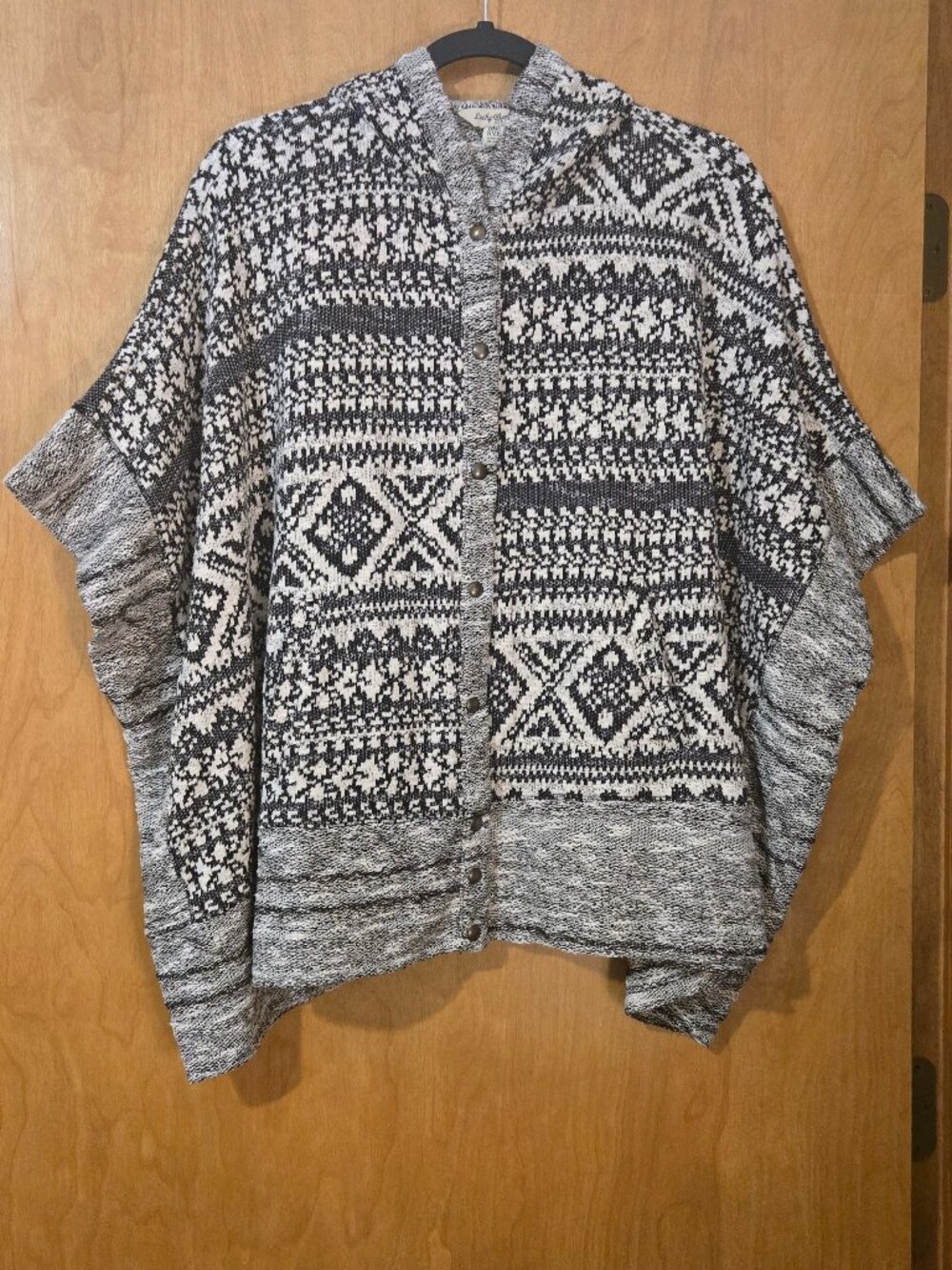 Lucky Brand Hooded Knit Poncho Sweater Black White One Size Fair Isle Cabincore